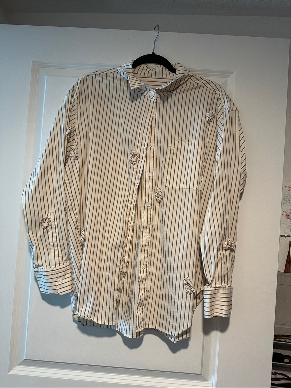 Men's Striped Button-Up Shirt in Cream with Black Pinstripes